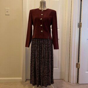 Size 8 Leslie Fay Maroon Jacket and Maroon Paisley Elastic Skirt